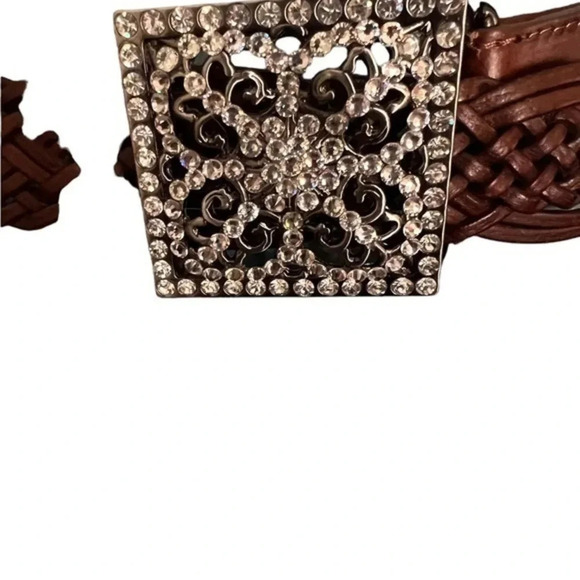 Rhinestone Buckle Adjustable Brown Woven‎ Leather Belt M - Picture 2 of 6